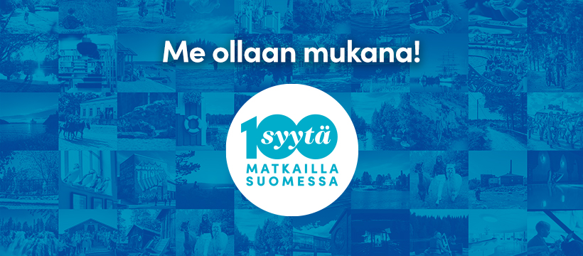 100 syytä matkailla Suomessa -kampanjan sinisävyinen banneri.