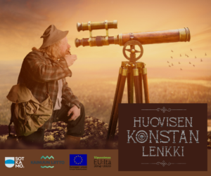 Konsta Pylkkänen katselee kaukoputkesta. Hankelogot ja Huovisen Konstan Lenkin logot alareunassa.