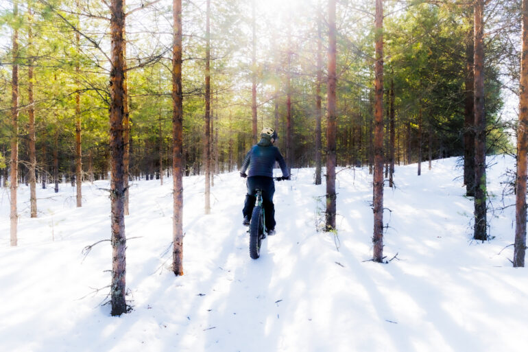 Pyöräilijä talvipyöräilyreitillä metsässä.