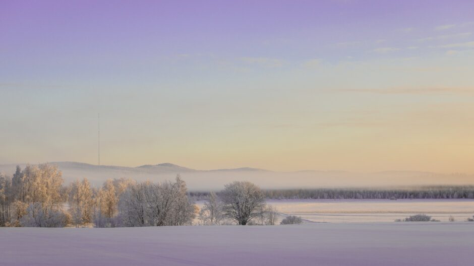 Talvinen maisemakuva Vuokatista, violettia väriä taivalla ja lumen heijastuksissa. Kuvituskuva.