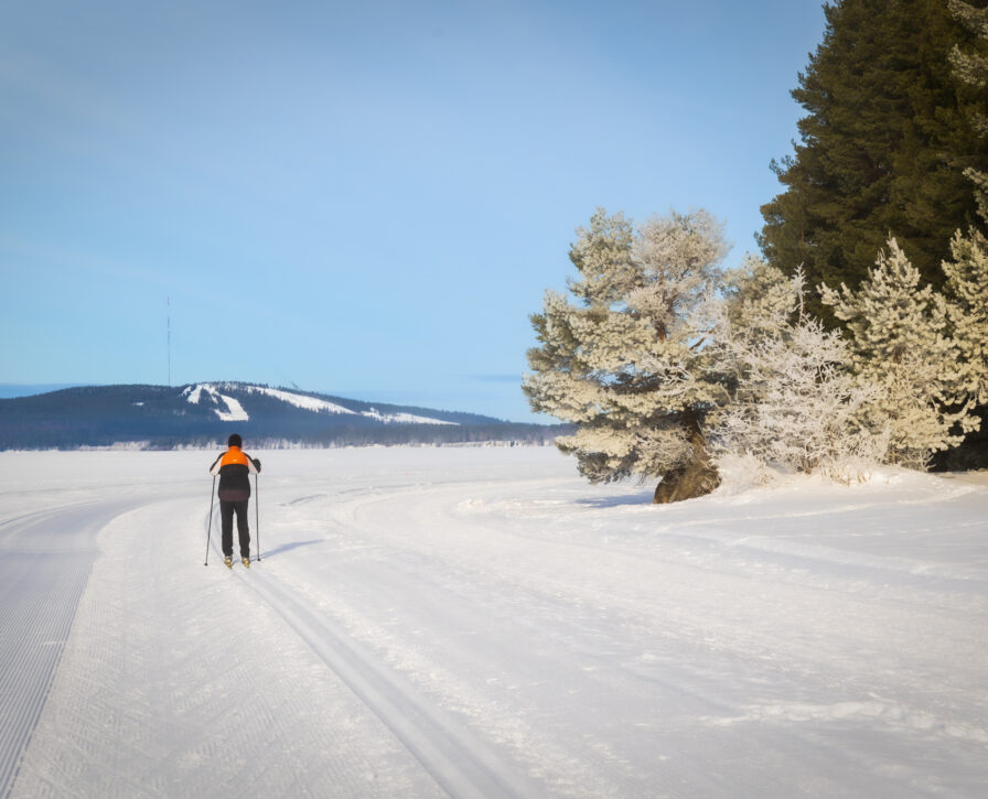 Hiihtäjä Sapsojärvellä Vuokatinvaarat taustalla.