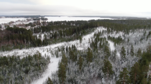 Kuvassa talvinen Leivolanlahden alue ilmasta kuvattuna