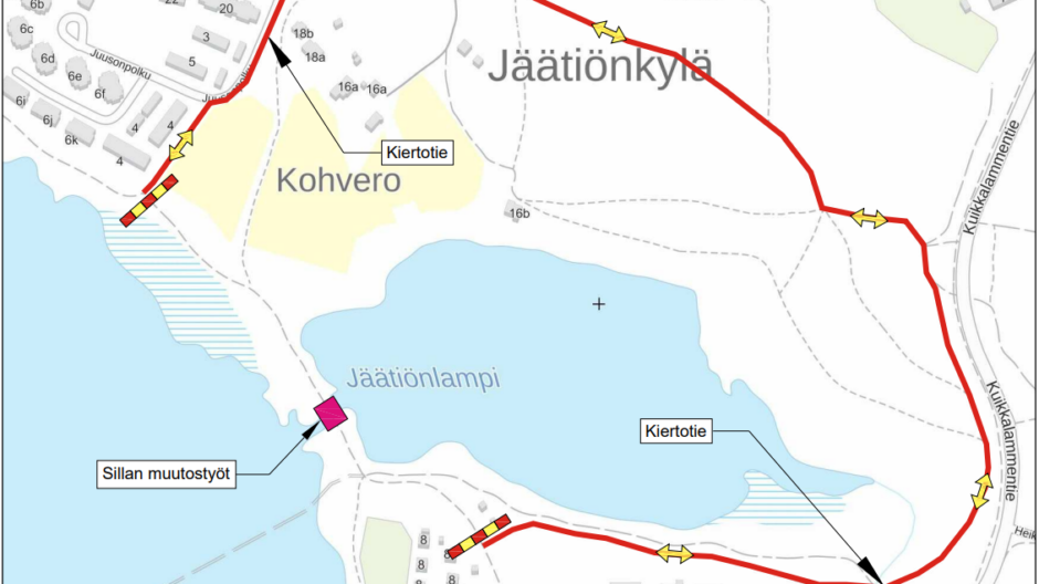 Jäätiön sillan muutostöiden kiertoreitti.