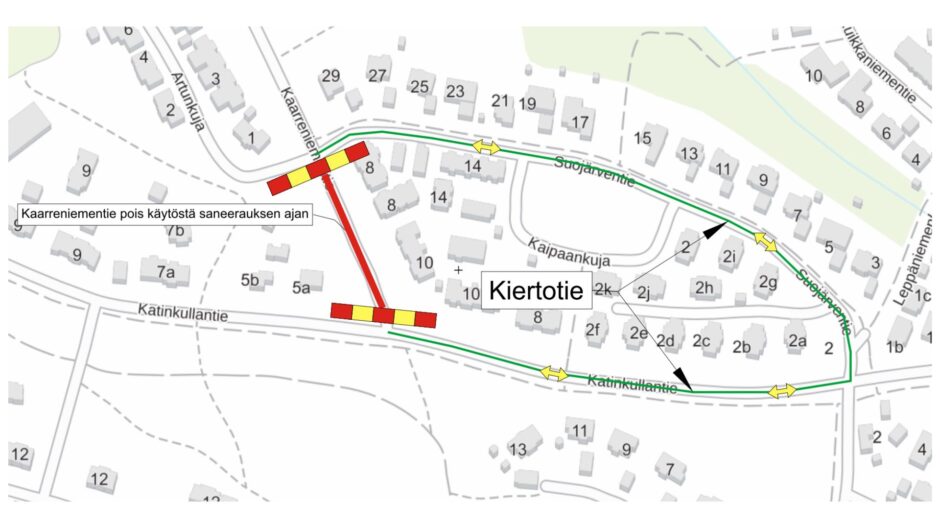 Kaarreniementien alkuosa suljetaan ma 9.9. alkaen noin kahdeksi viikoksi. Kiertotie Suojärventien kautta.