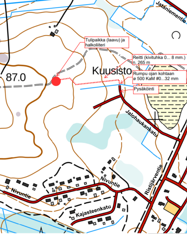 Karttakuva Nivun alueesta, johon merkitty uuden ulkoilureitin ja laavun sijainti