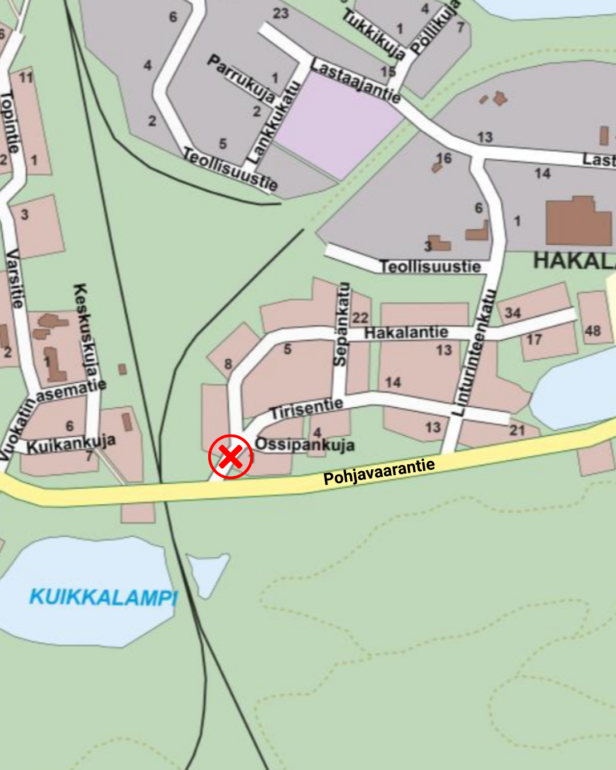 Karttaote Tirisentie-Pohjavaarantie -risteyksestä, merkitty karttaan punaisella rastilla