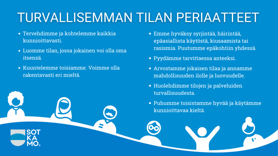 Turvallisemman tilan periaatteet: Tervehdimme ja kohtelemme kaikkia kunnioittavasti. Luomme tilan, jossa jokainen voi olla oma itsensä. Kuuntelemme toisiamme. Voimme olla rakentavasti eri mieltä. Emme hyväksy syrjintää, häirintää, epäasiallista käytöstä, kiusaamista tai rasismia. Puutumme epäkohtiin yhdessä. Pyydämme tarvittaessa anteeksi. Arvostamme jokaisen tilaa ja annamme mahdollisuuden ilolle ja luovuudelle. Huolehdimme tilojen ja palveluiden turvallisuudesta. Puhumme toisistamme hyvää ja käytämme kunnioittavaa kieltä.