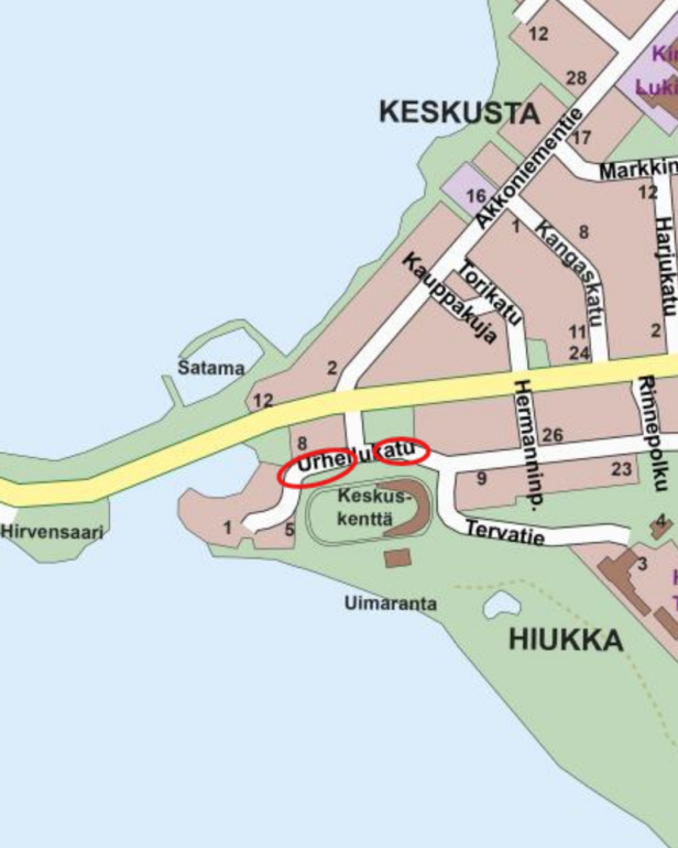 Karttaote Sotkamon keskustan alueesta väliltä Hirvensaari-Rinnepolku. Karttaan merkitty punaisilla ympyröillä viikolla 18 tehtävien puunkaatotöiden paikat.